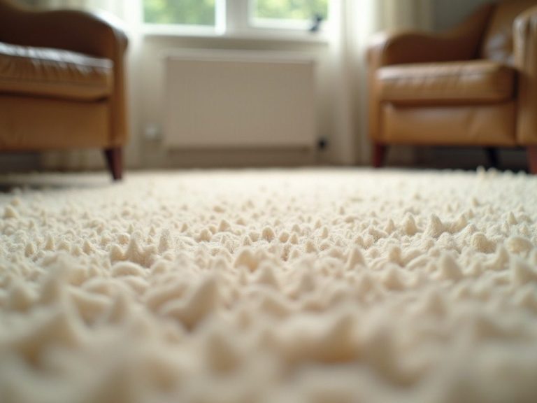 Close-up of a textured cream carpet with two brown armchairs in the background.
